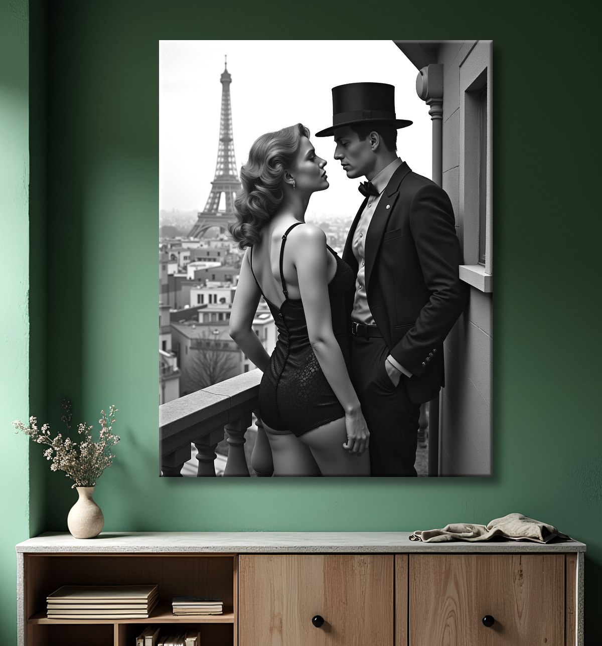 Tableau noir et blanc couple à Paris avec decor