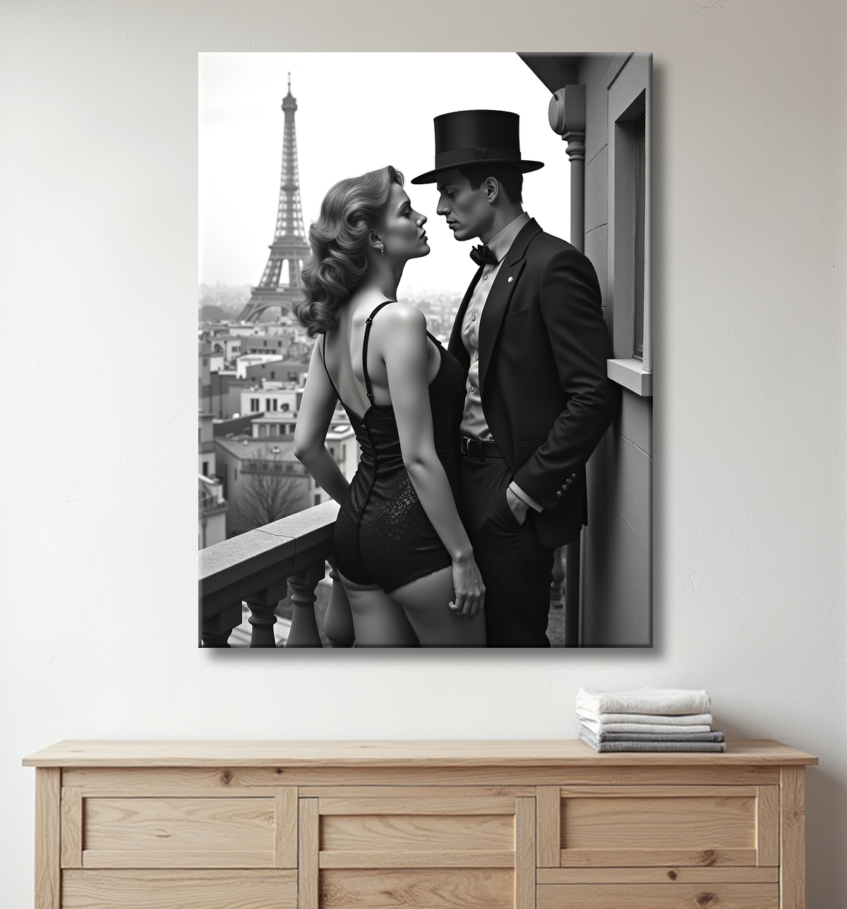 Tableau noir et blanc couple à Paris avec decor