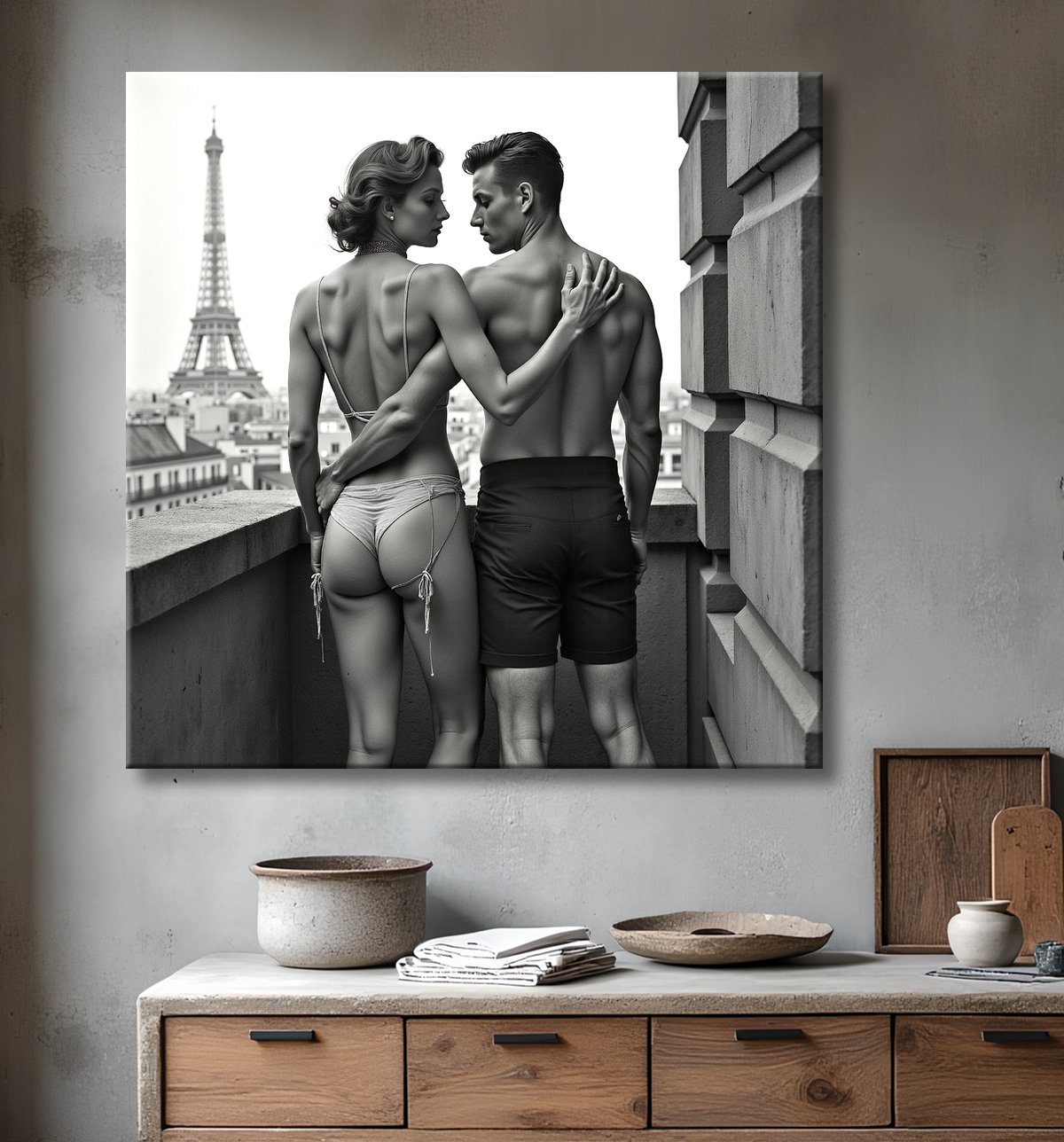 Tableau noir et blanc couple à Paris avec decor