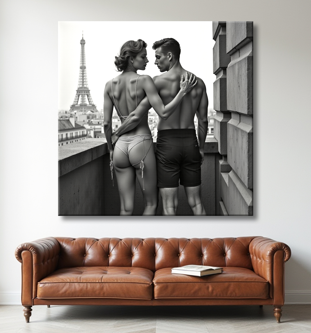 Tableau noir et blanc couple à Paris avec decor