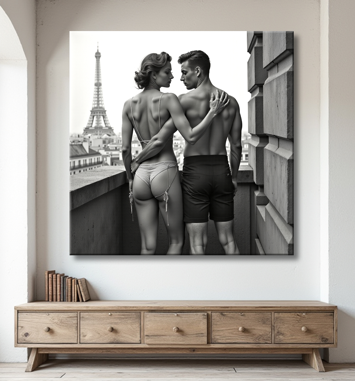 Tableau noir et blanc couple à Paris avec decor