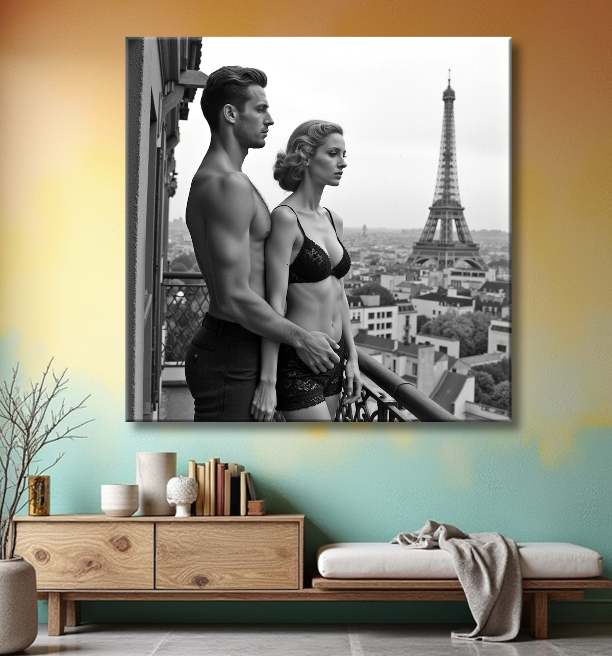 Tableau noir et blanc couple à Paris avec decor