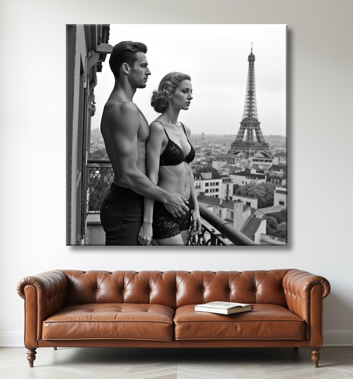 Tableau noir et blanc couple à Paris avec decor