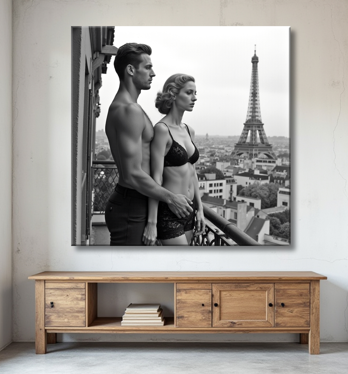 Tableau noir et blanc couple à Paris avec decor
