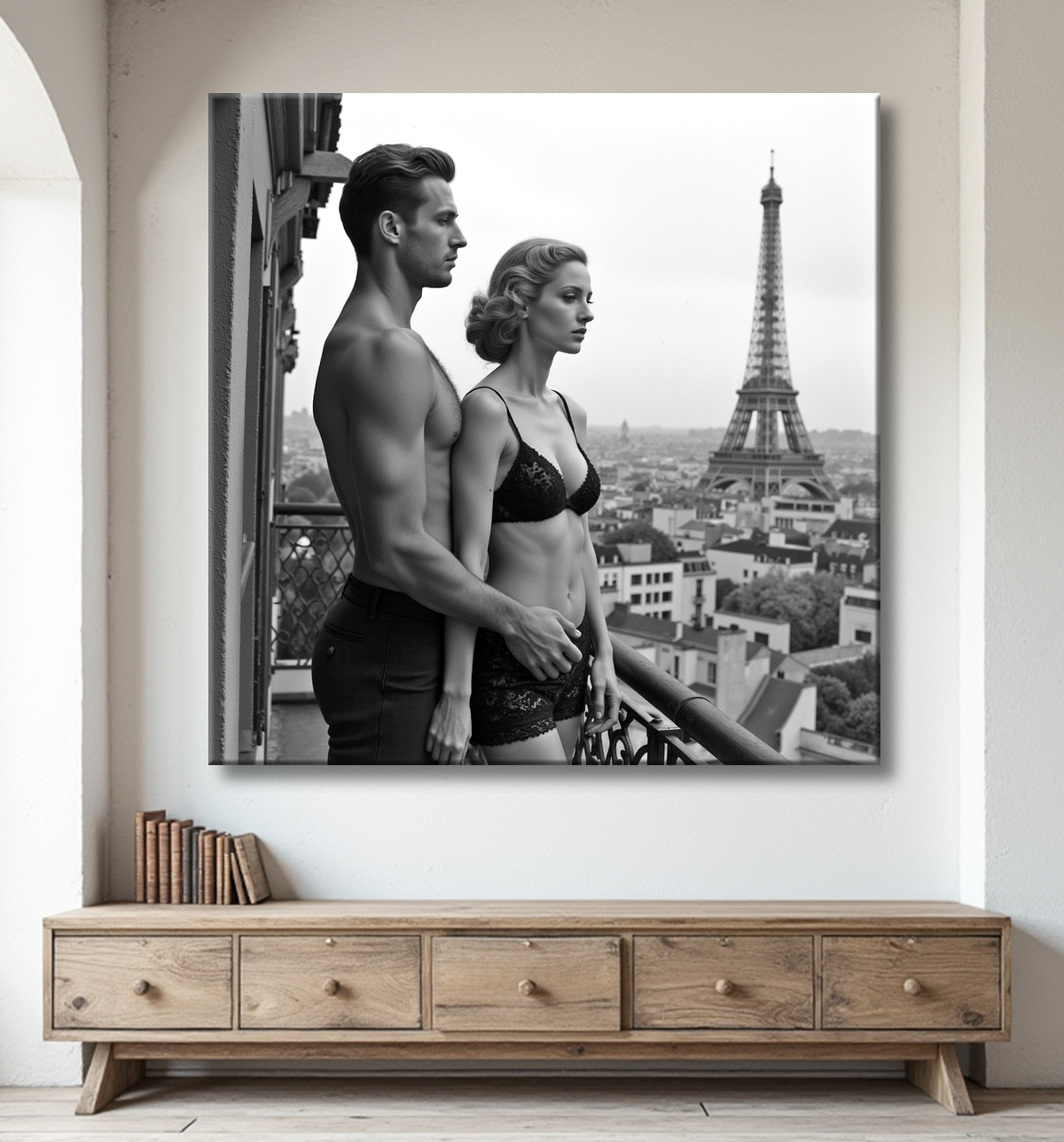 Tableau noir et blanc couple à Paris avec decor