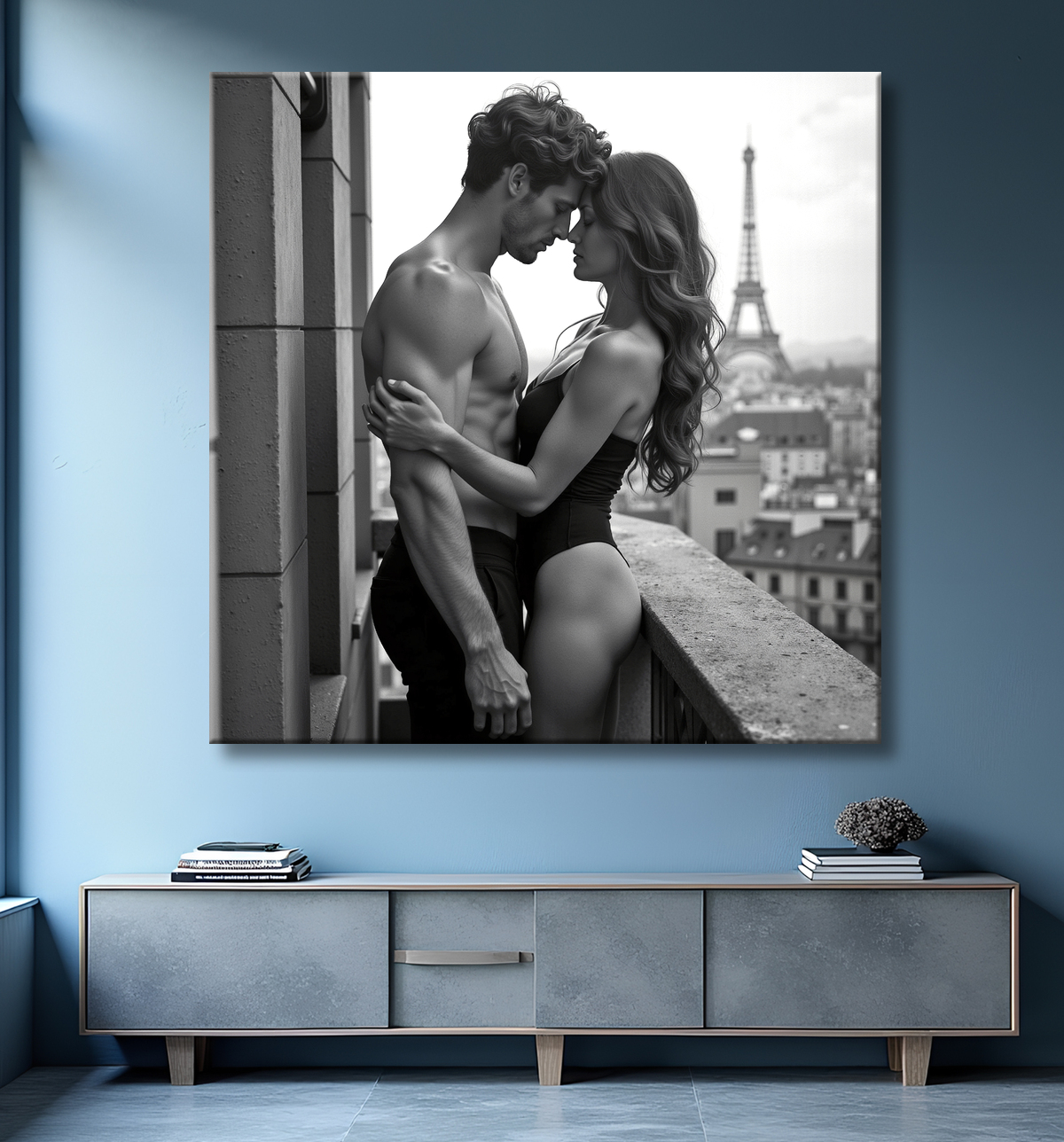 Tableau noir et blanc couple à Paris avec decor
