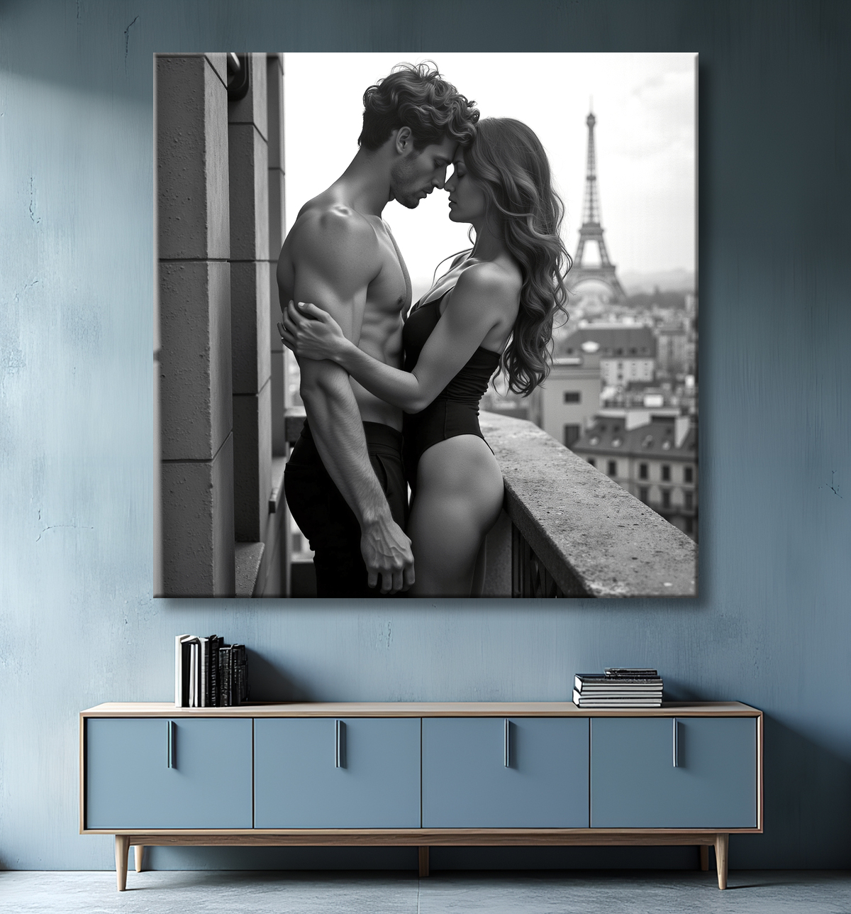 Tableau noir et blanc couple à Paris avec decor