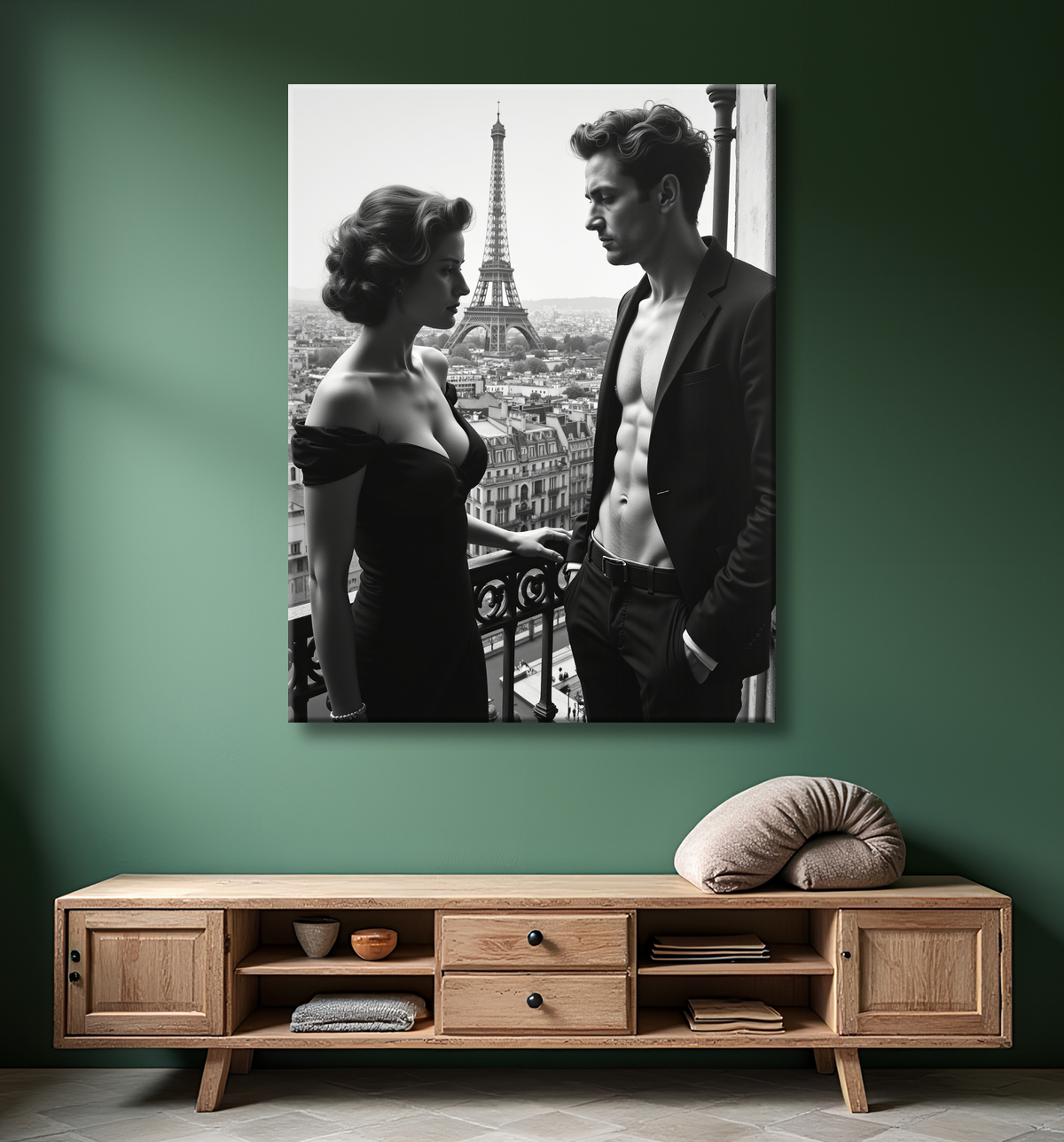 Tableau noir et blanc couple à Paris avec decor