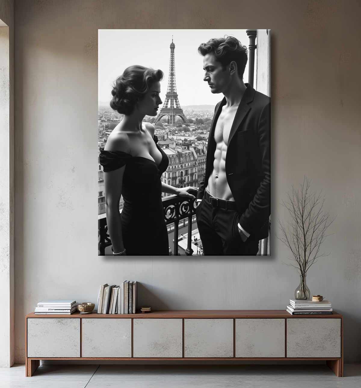 Tableau noir et blanc couple à Paris avec decor
