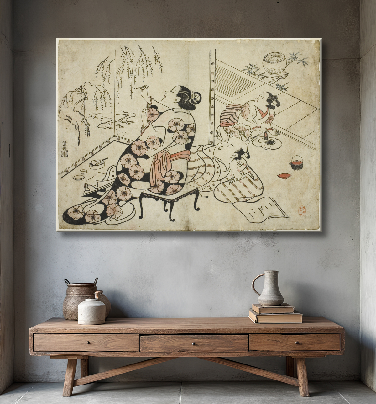Reproduction Courtisane peignant un écran, d'une série de 12 gravures érotiques de Torii Kiyonobu I avec decor