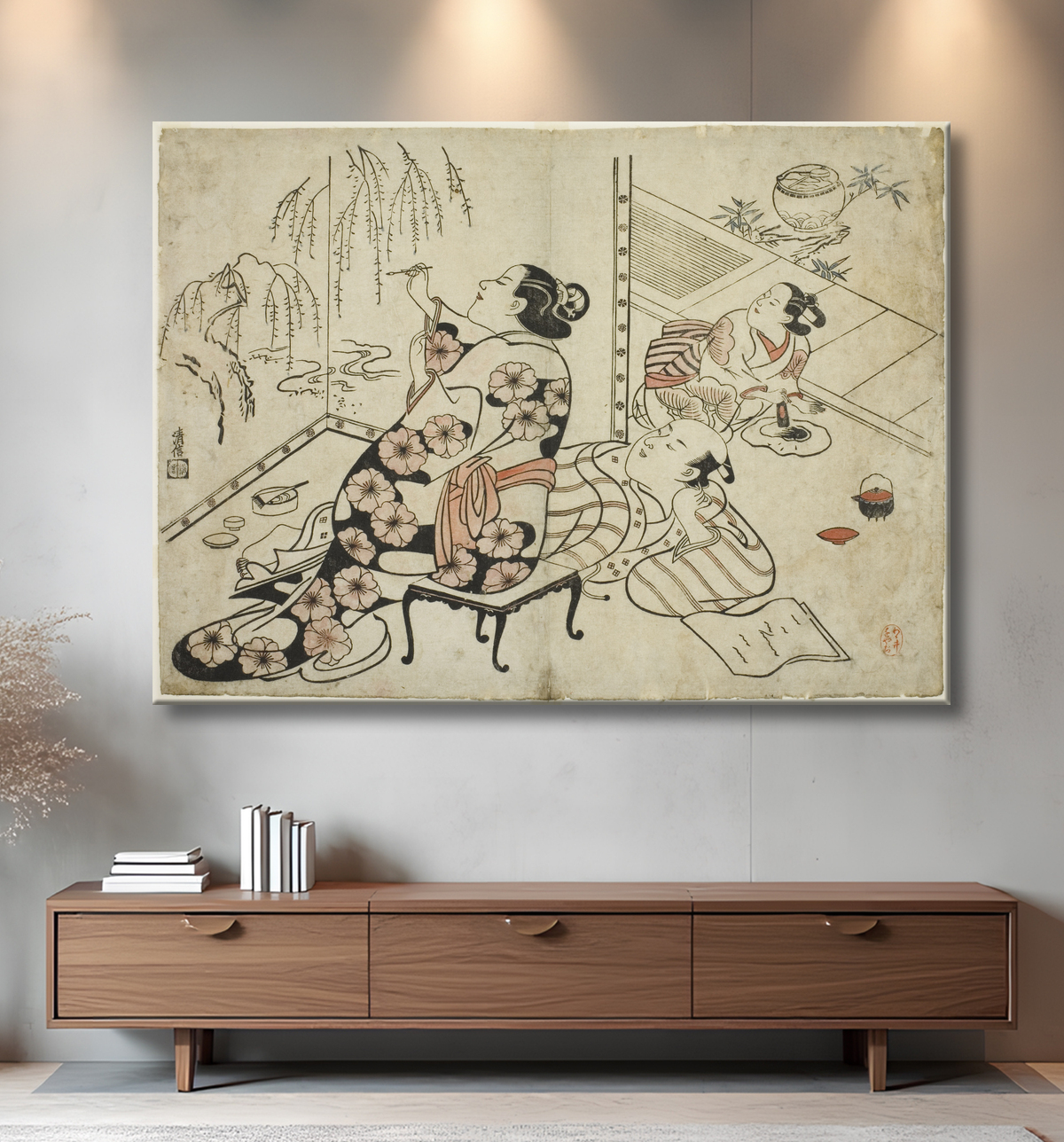Reproduction Courtisane peignant un écran, d'une série de 12 gravures érotiques de Torii Kiyonobu I avec decor