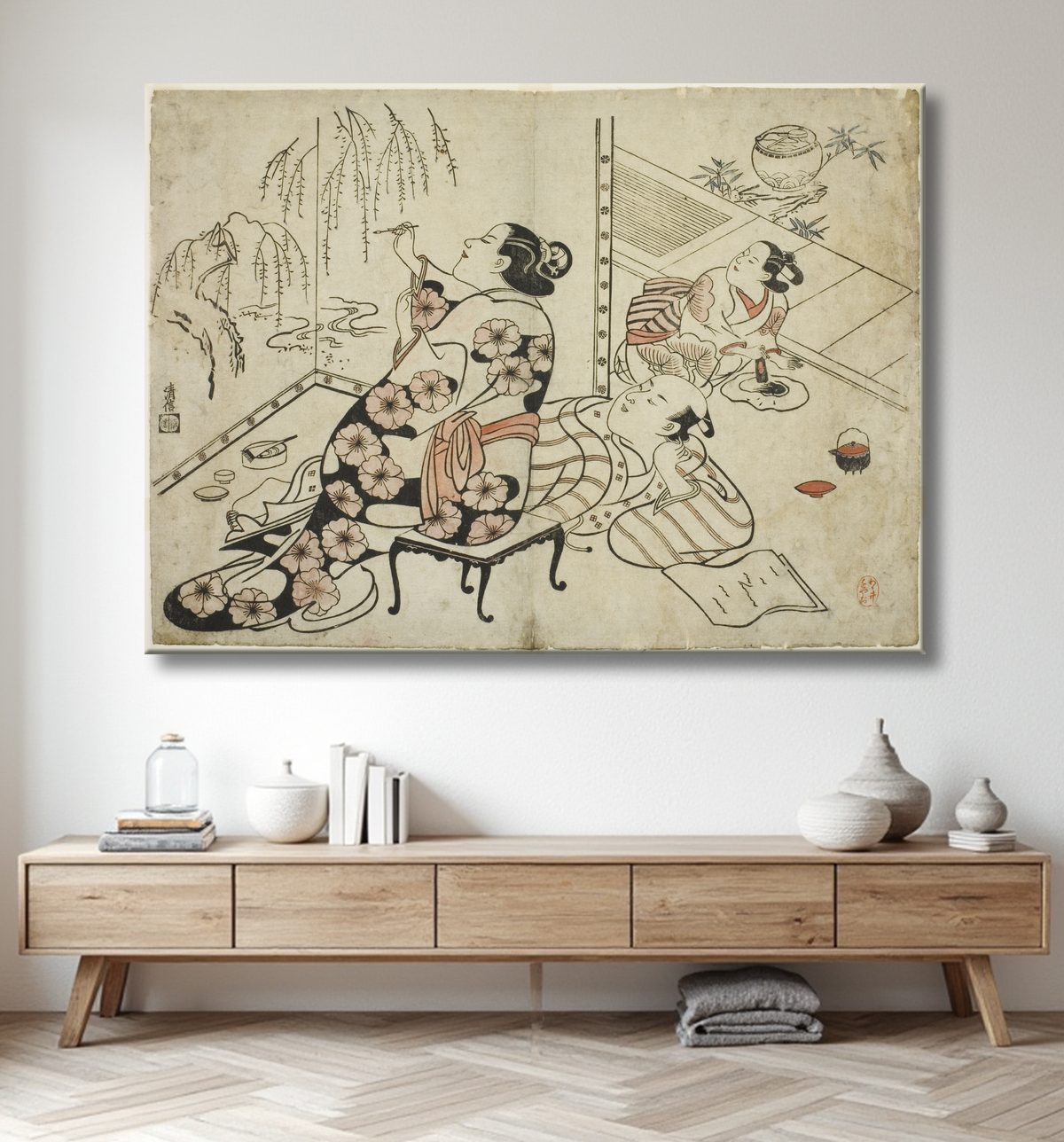 Reproduction Courtisane peignant un écran, d'une série de 12 gravures érotiques de Torii Kiyonobu I avec decor