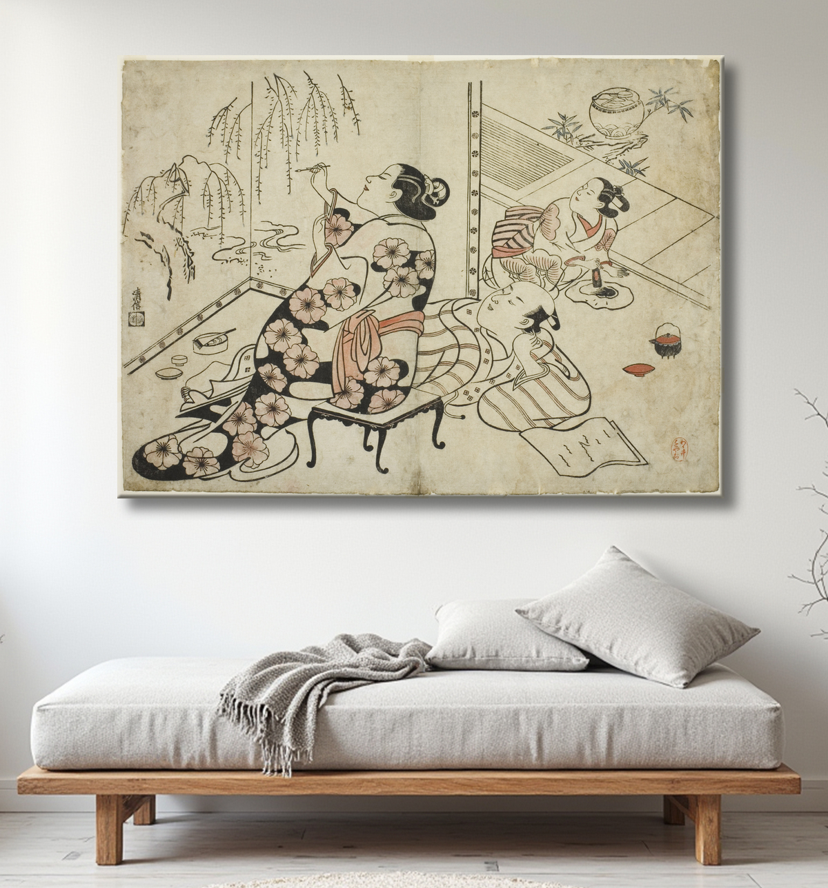 Reproduction Courtisane peignant un écran, d'une série de 12 gravures érotiques de Torii Kiyonobu I avec decor
