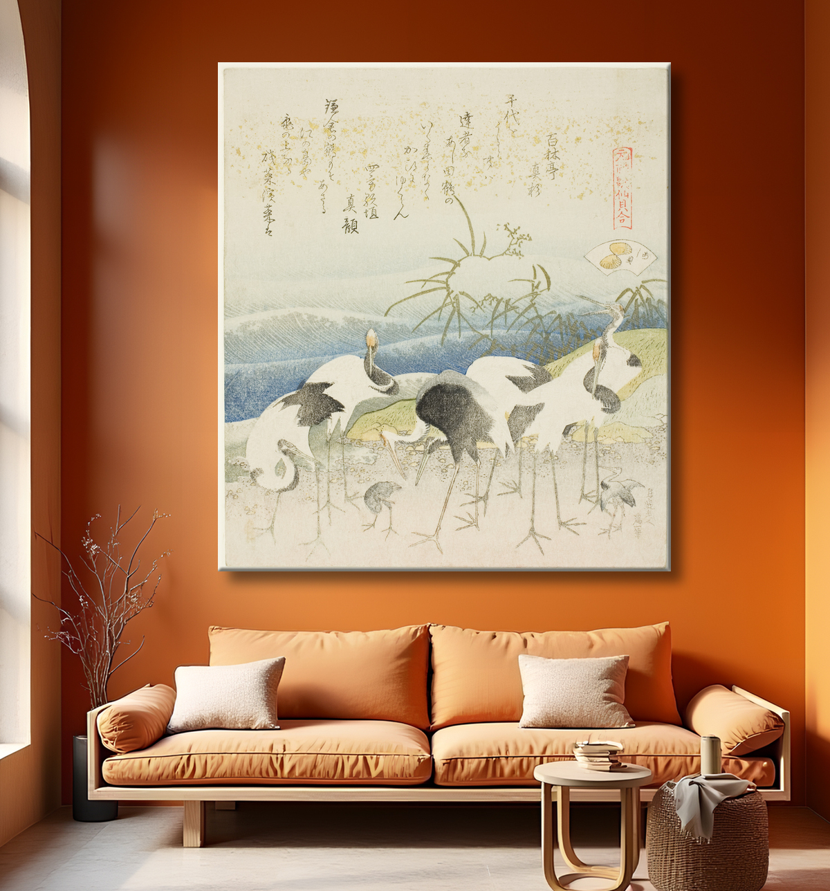 Reproduction Cranes by the Shore, illustration pour The Leg Shell (Ashigai), de la série "A Matching Game with Genroku-period Poem Shells (Genroku kasen kai awase)" de Katsushika Hokusai avec decor