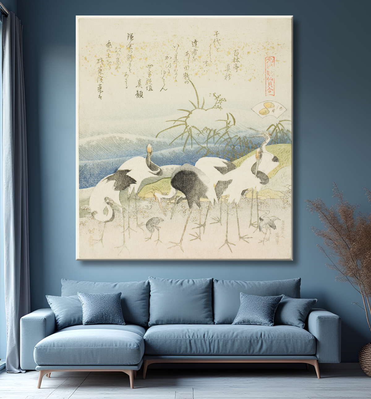 Reproduction Cranes by the Shore, illustration pour The Leg Shell (Ashigai), de la série "A Matching Game with Genroku-period Poem Shells (Genroku kasen kai awase)" de Katsushika Hokusai avec decor