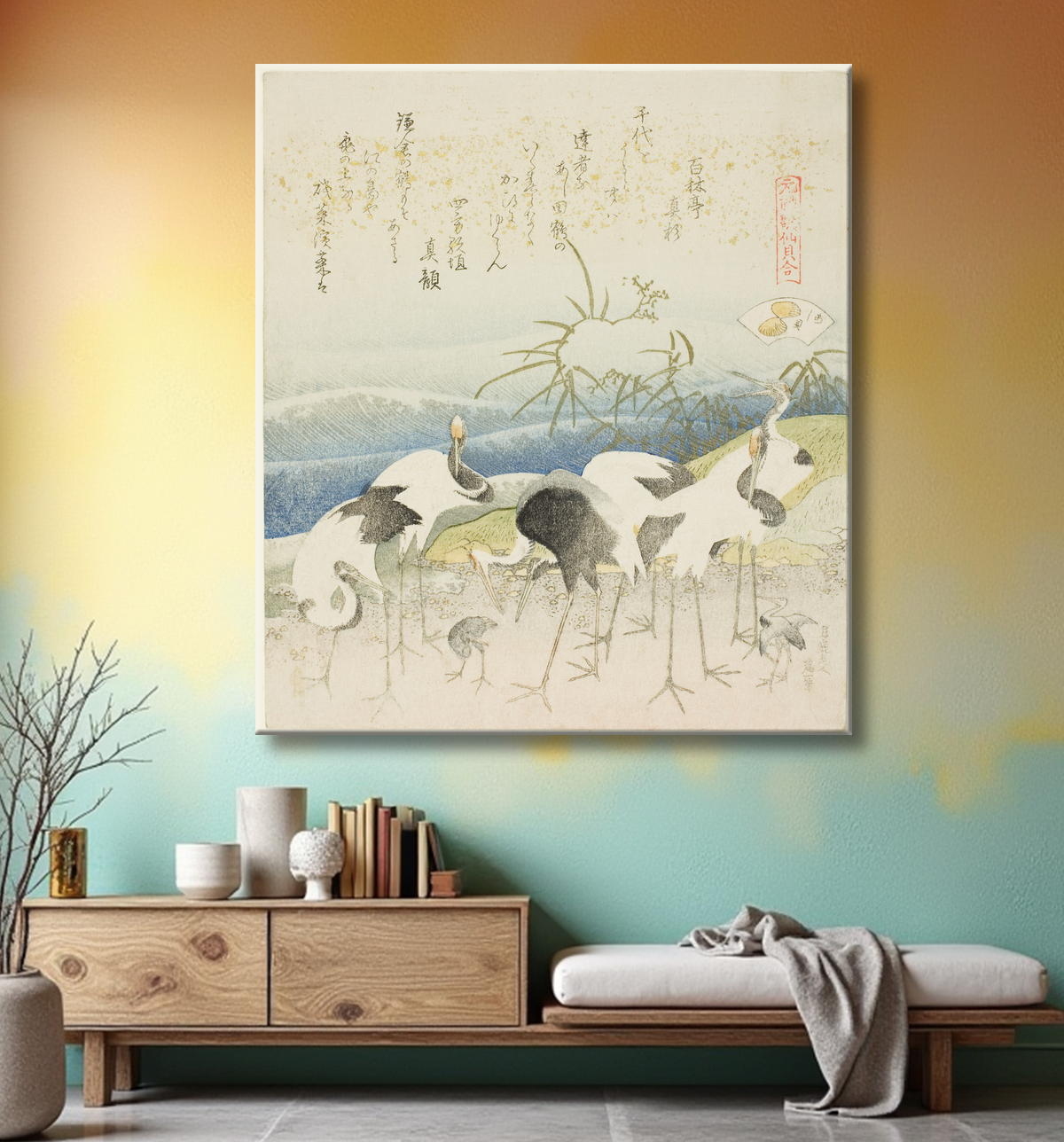 Reproduction Cranes by the Shore, illustration pour The Leg Shell (Ashigai), de la série "A Matching Game with Genroku-period Poem Shells (Genroku kasen kai awase)" de Katsushika Hokusai avec decor