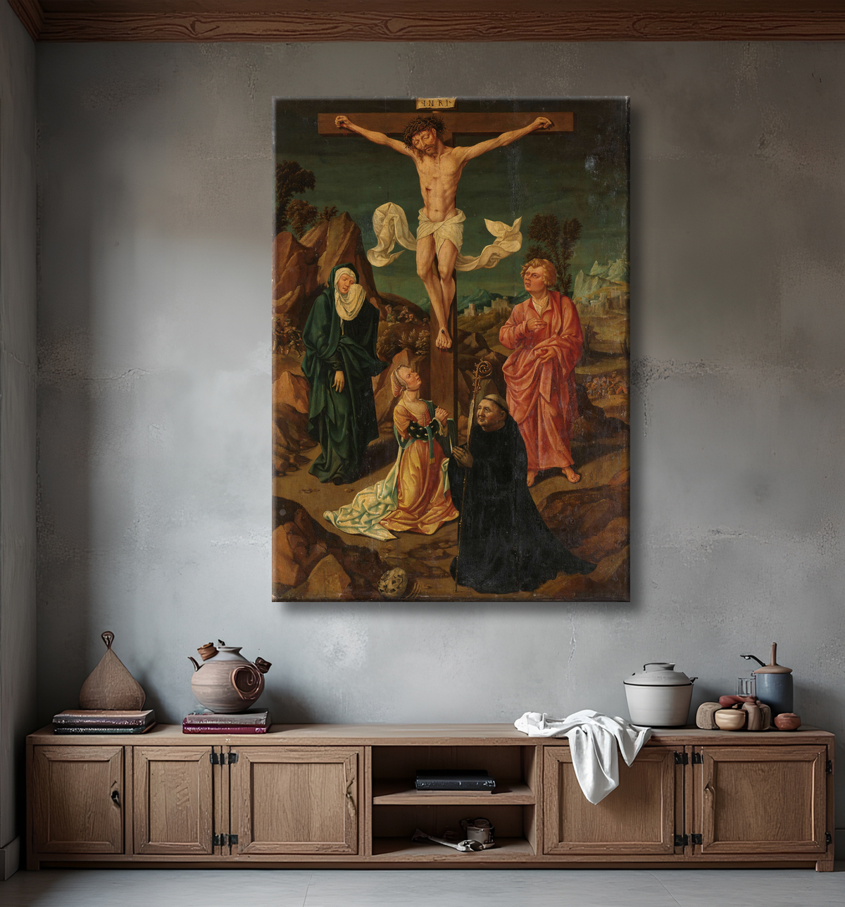 Reproduction Crucifixion avec la Vierge, Saint Jean, Marie-Madeleine, un donateur de anonymous avec decor