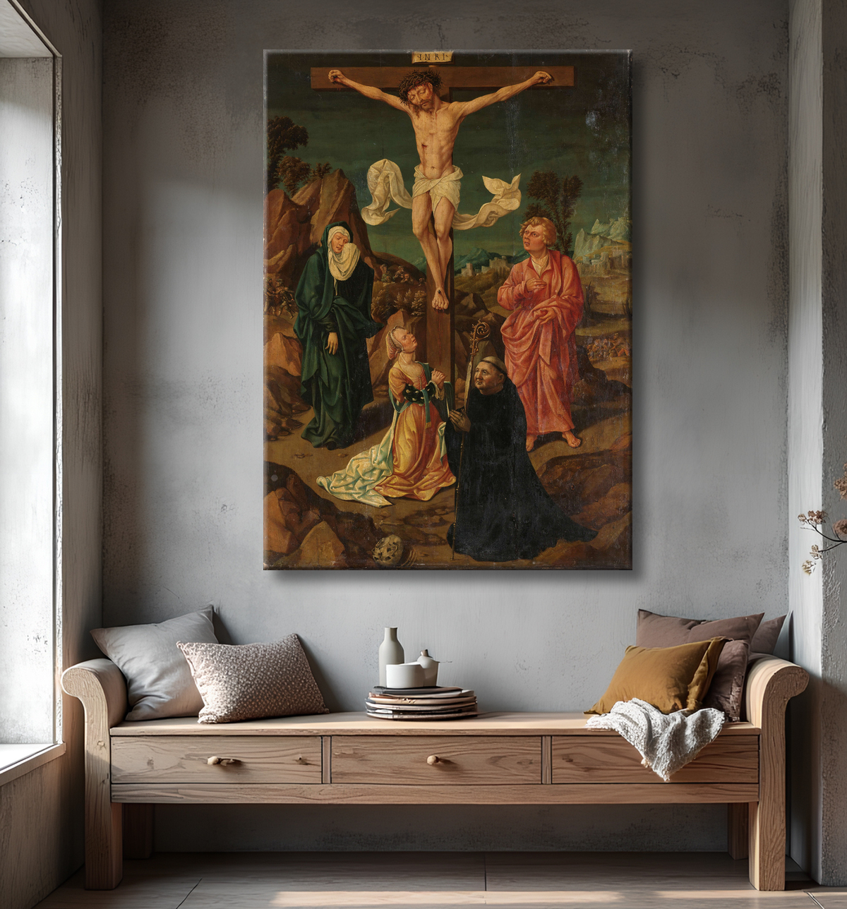 Reproduction Crucifixion avec la Vierge, Saint Jean, Marie-Madeleine, un donateur de anonymous avec decor
