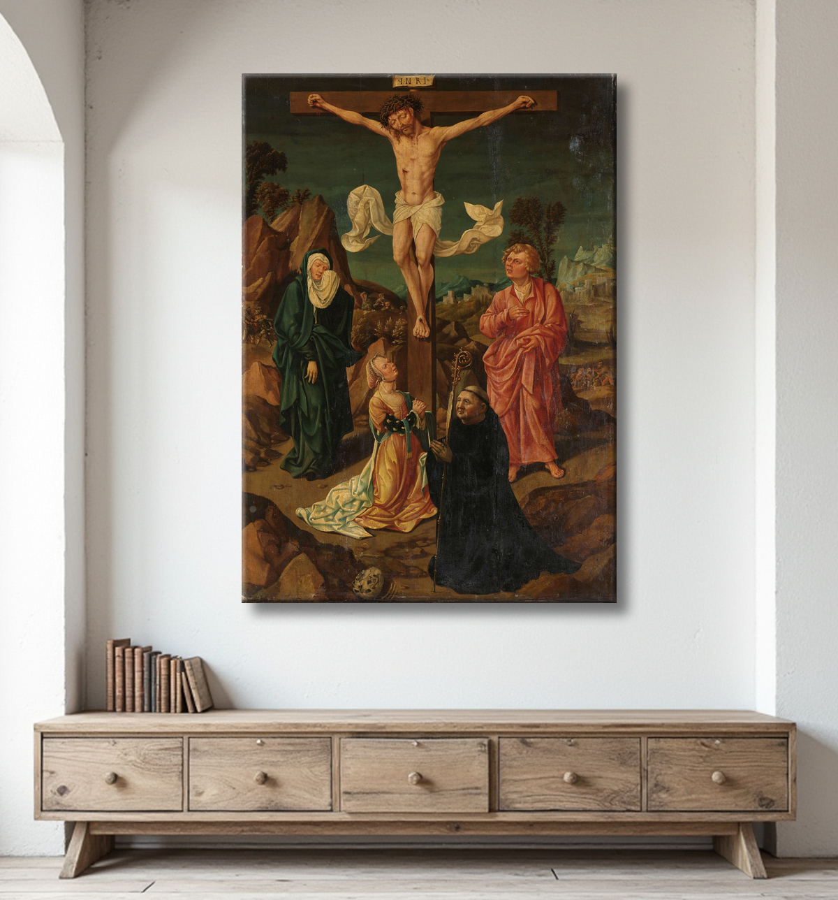 Reproduction Crucifixion avec la Vierge, Saint Jean, Marie-Madeleine, un donateur de anonymous avec decor