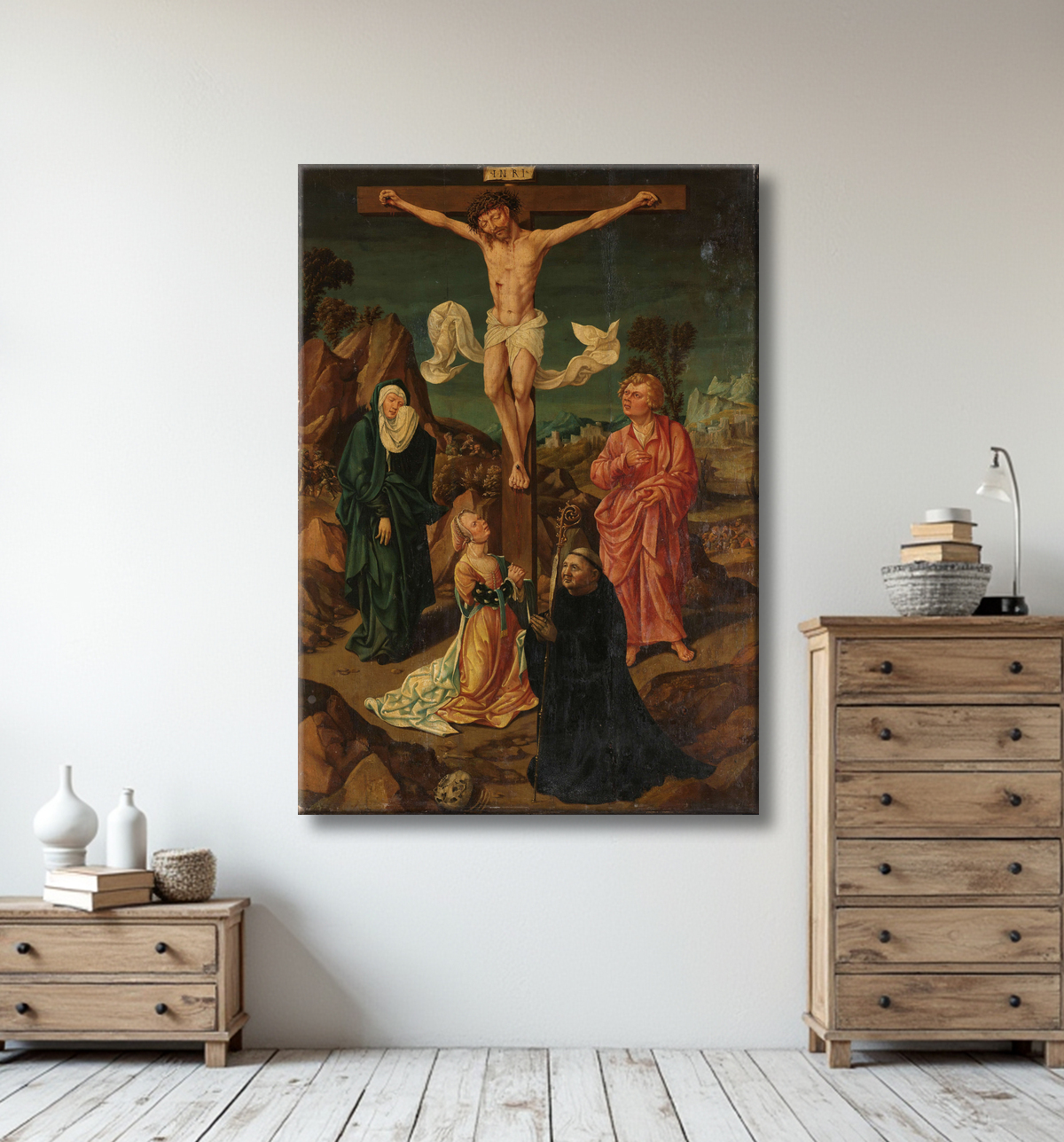 Reproduction Crucifixion avec la Vierge, Saint Jean, Marie-Madeleine, un donateur de anonymous avec decor