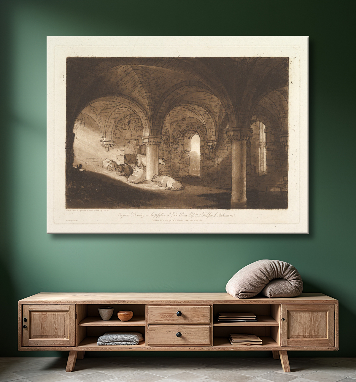 Reproduction Crypte de l'abbaye de Kirkstall (Liber Studiorum, partie VIII, planche 39) de Joseph Mallord William Turner avec decor