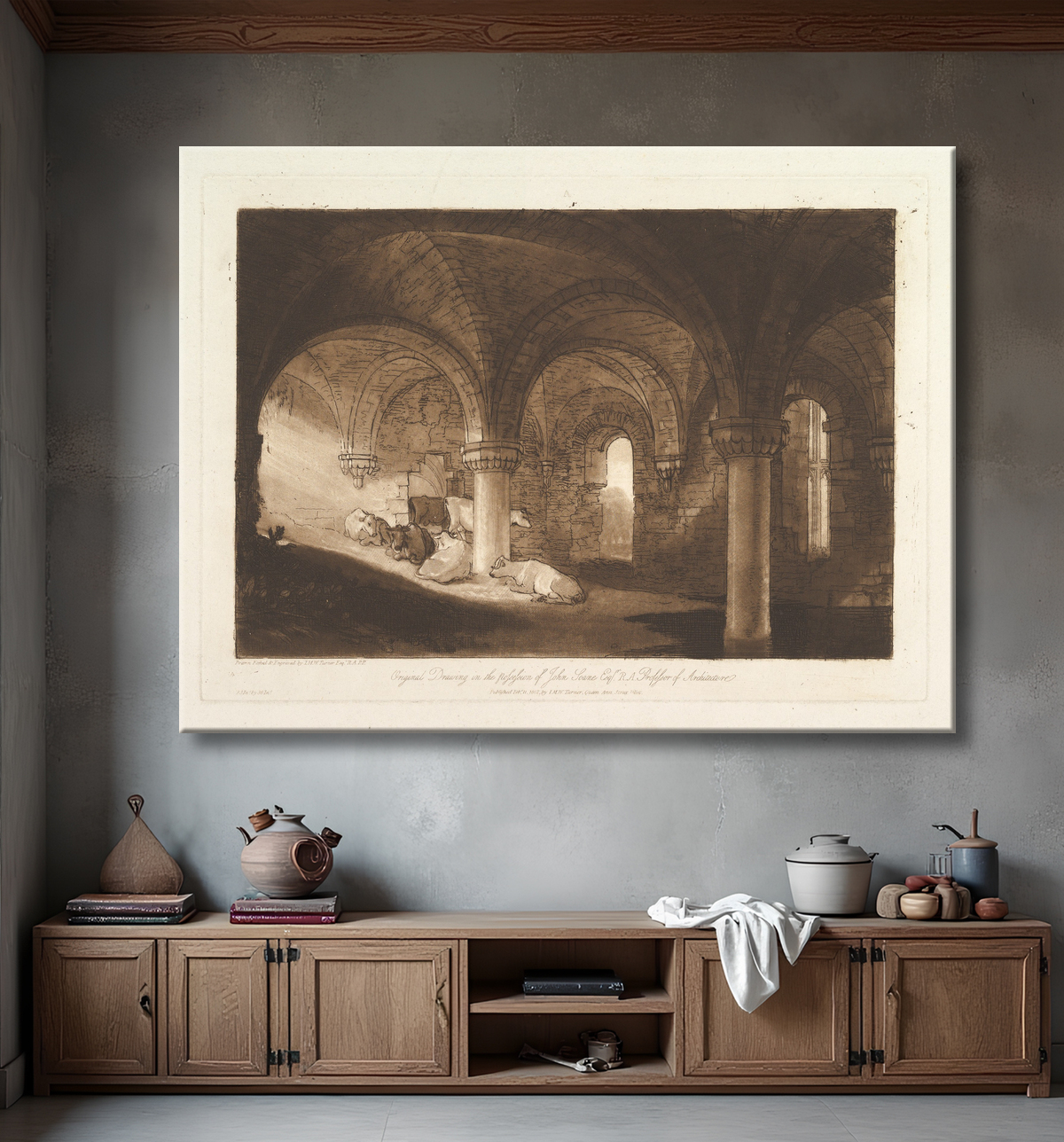 Reproduction Crypte de l'abbaye de Kirkstall (Liber Studiorum, partie VIII, planche 39) de Joseph Mallord William Turner avec decor
