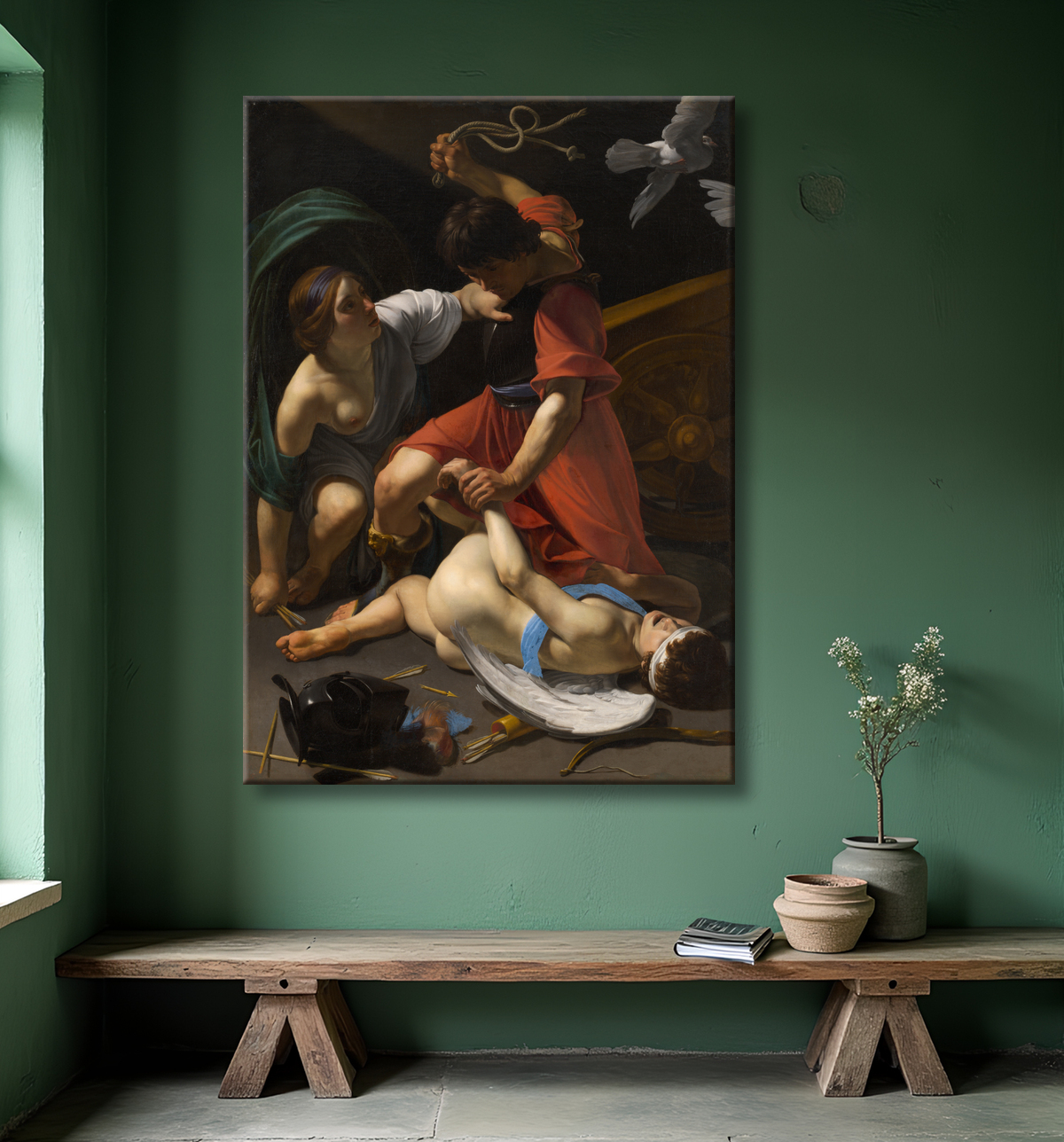 Reproduction Cupidon châtié de Bartolomeo Manfredi avec decor