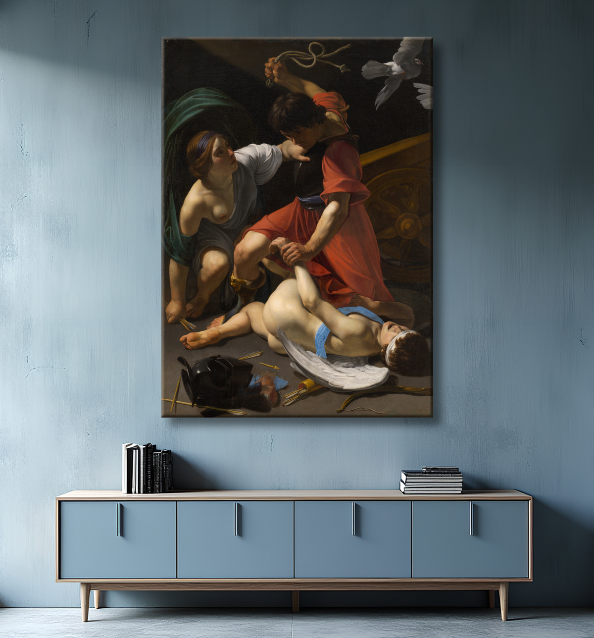 Reproduction Cupidon châtié de Bartolomeo Manfredi avec decor