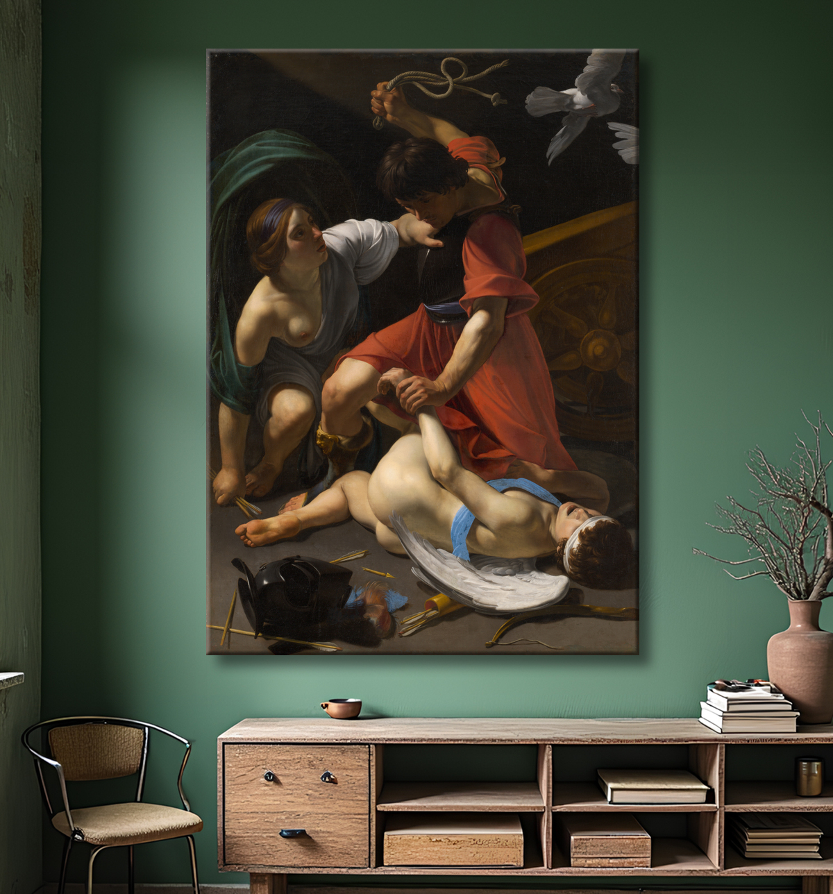 Reproduction Cupidon châtié de Bartolomeo Manfredi avec decor