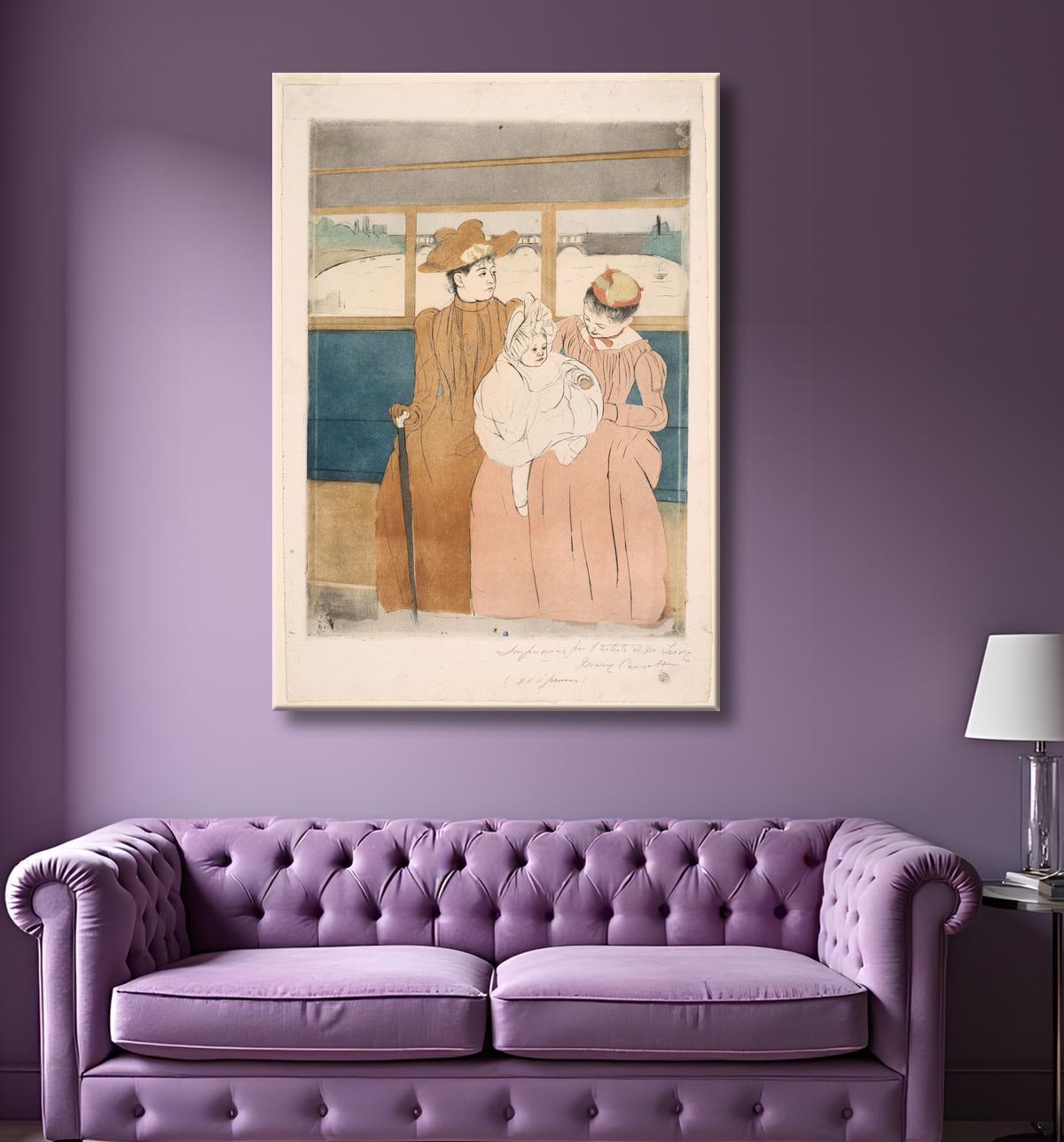 Reproduction Dans l'Omnibus de Mary Cassatt avec decor