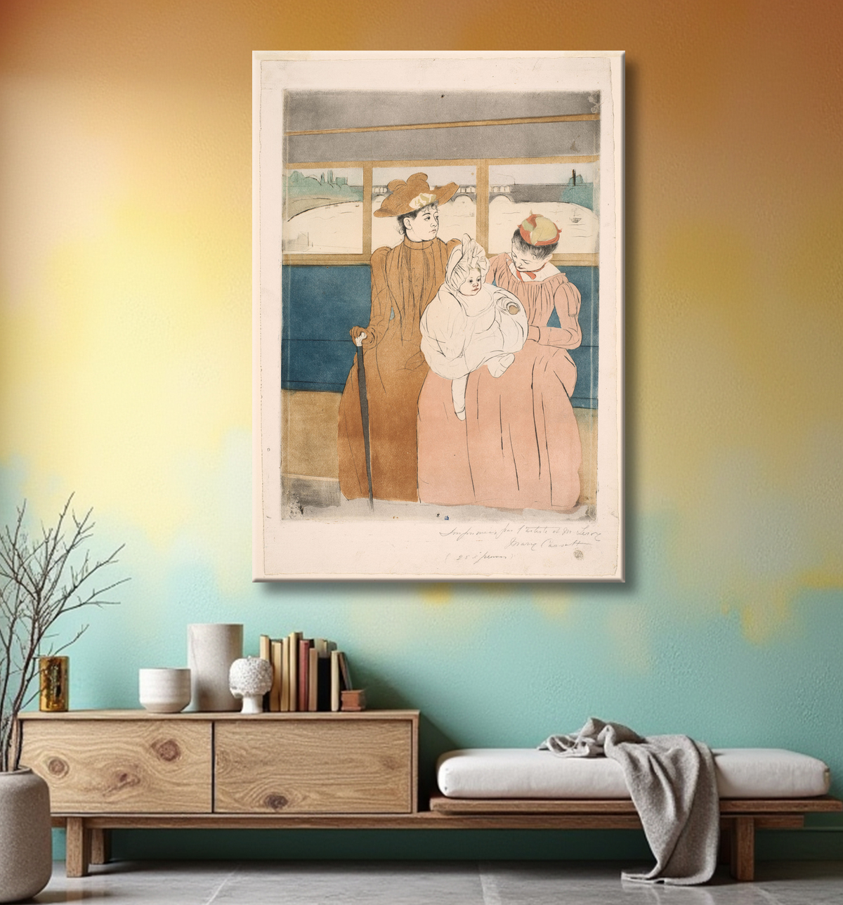 Reproduction Dans l'Omnibus de Mary Cassatt avec decor