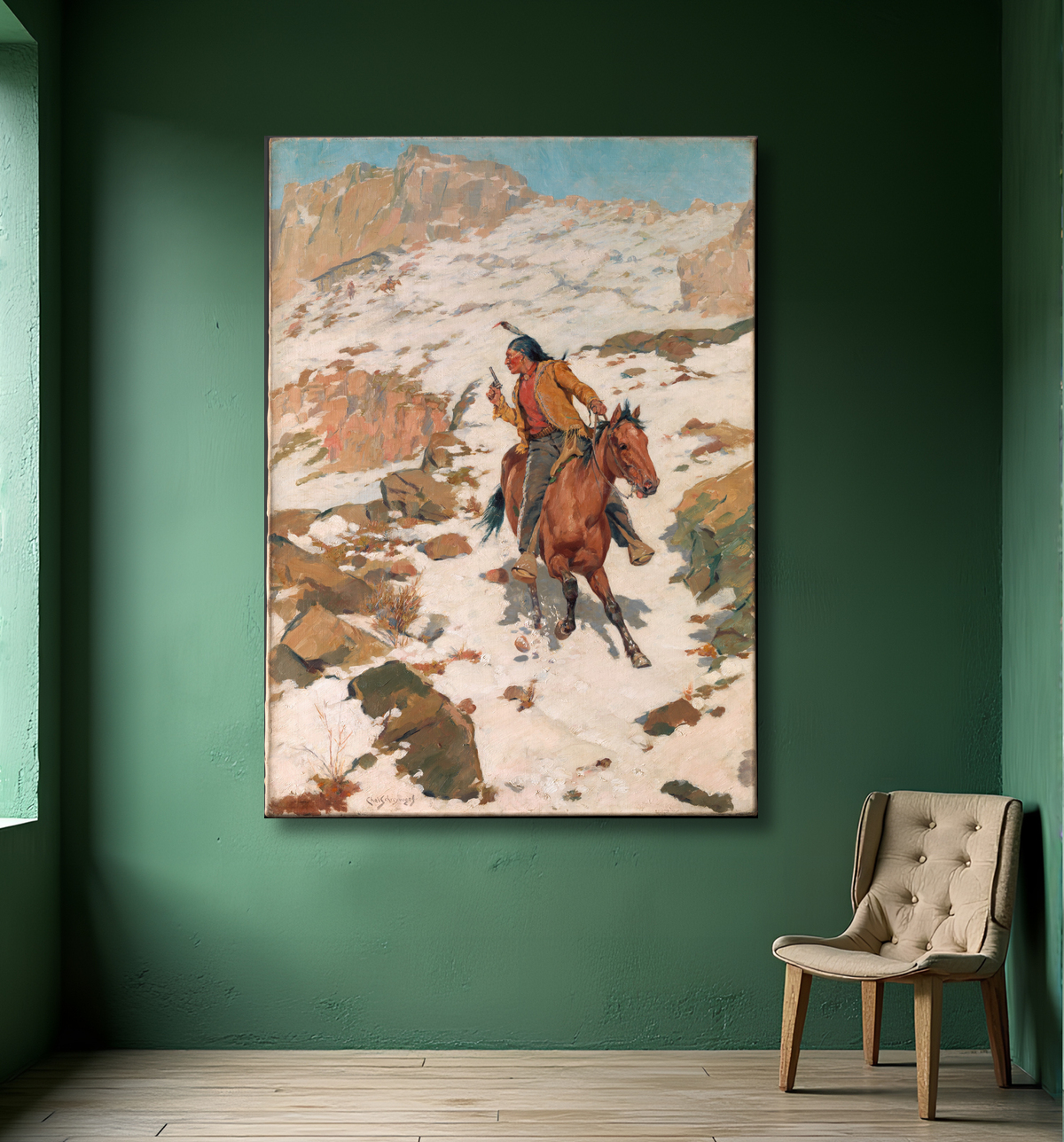 Reproduction Dans la poursuite chaude de Charles Schreyvogel avec decor