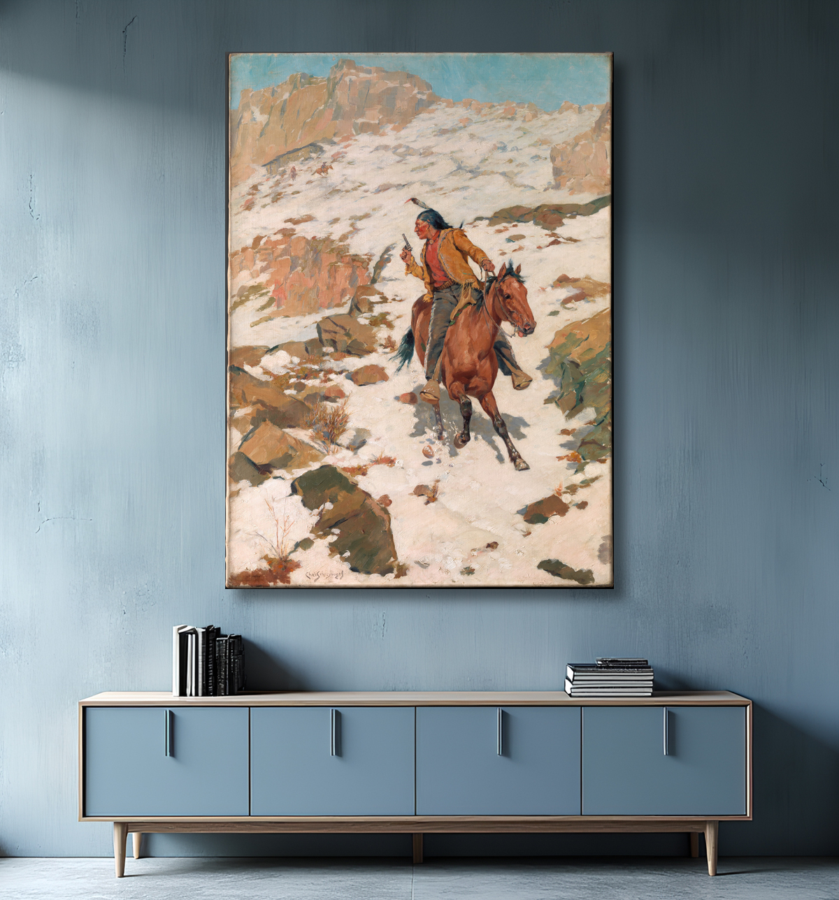 Reproduction Dans la poursuite chaude de Charles Schreyvogel avec decor