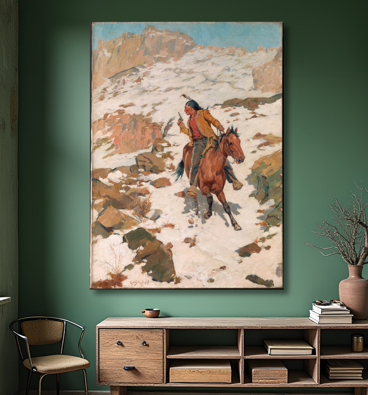 Reproduction Dans la poursuite chaude de Charles Schreyvogel avec decor