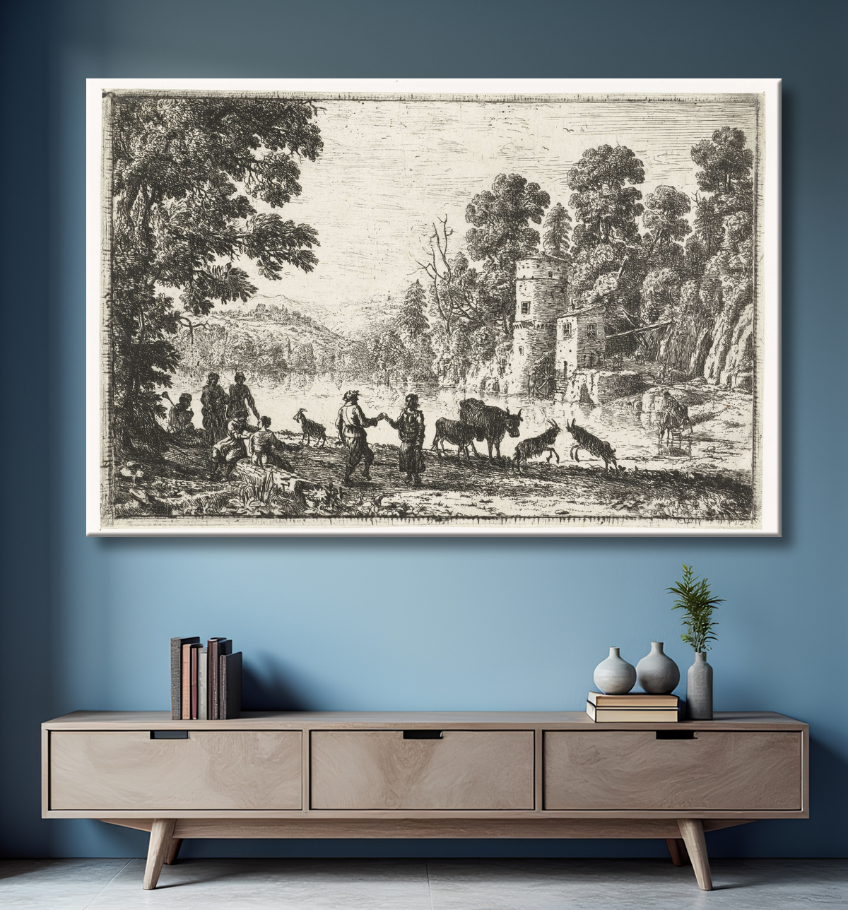 Reproduction Danser sur le rivage de Claude Lorrain avec decor