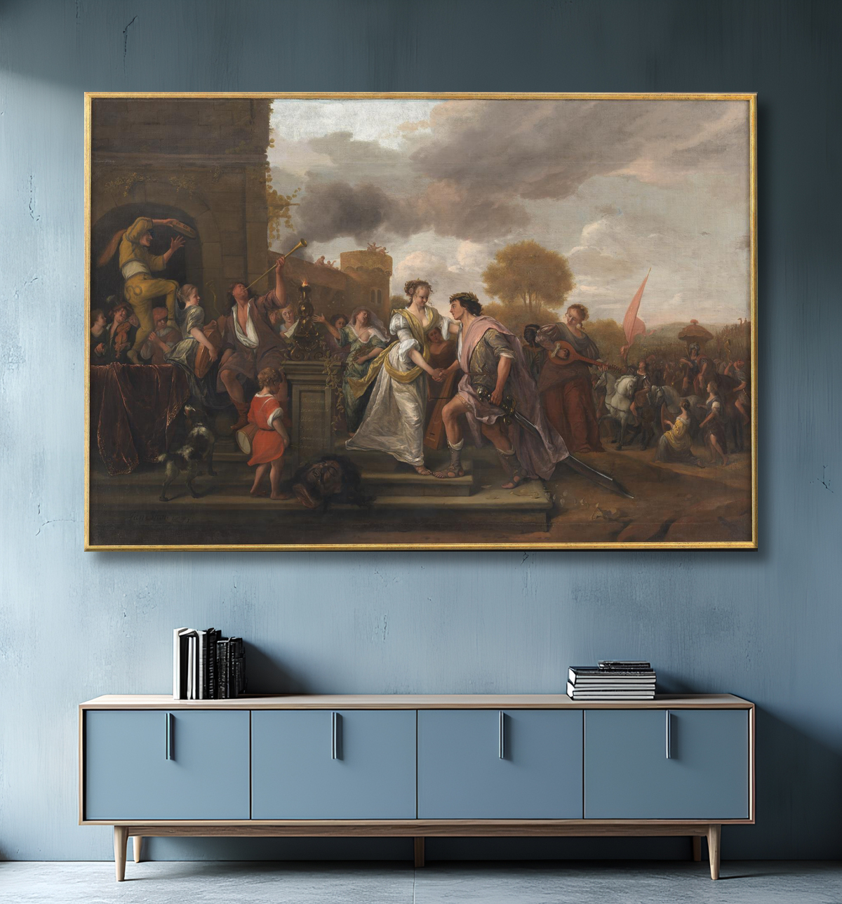 Reproduction David revient victorieux après avoir vaincu Goliath et les Philistins de Steen, Jan avec decor