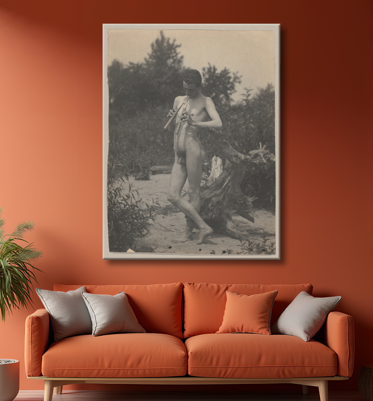 Reproduction [Debout nu masculin avec des tuyaux] de Thomas Eakins avec decor