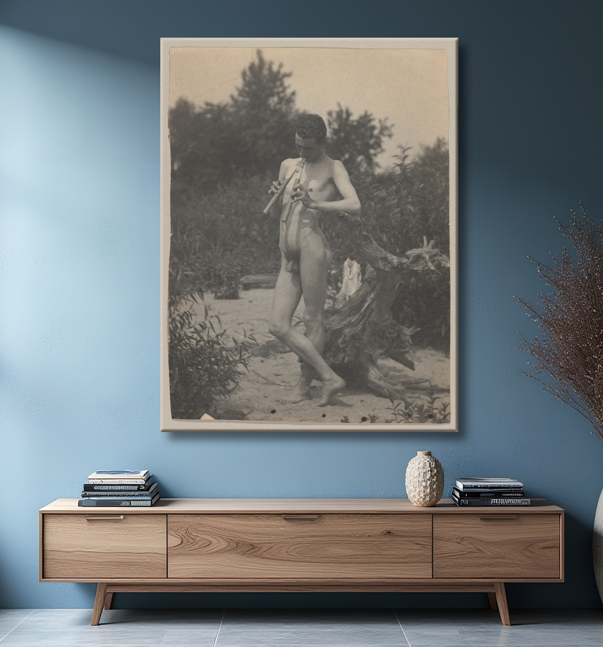 Reproduction [Debout nu masculin avec des tuyaux] de Thomas Eakins avec decor