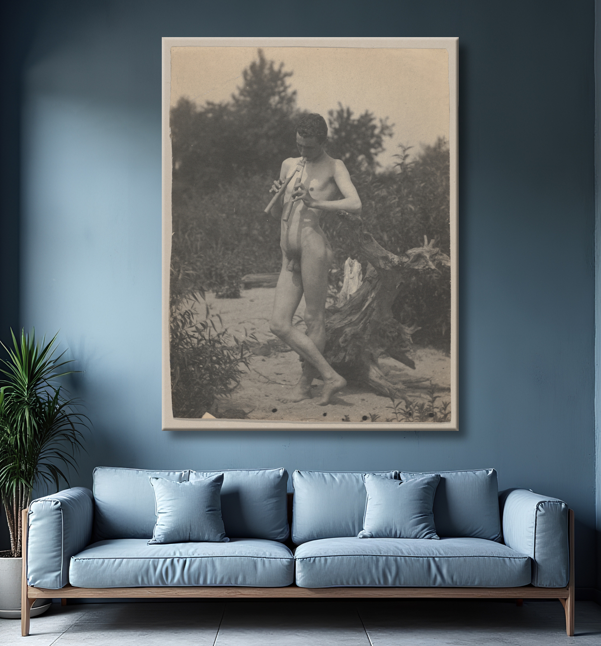 Reproduction [Debout nu masculin avec des tuyaux] de Thomas Eakins avec decor