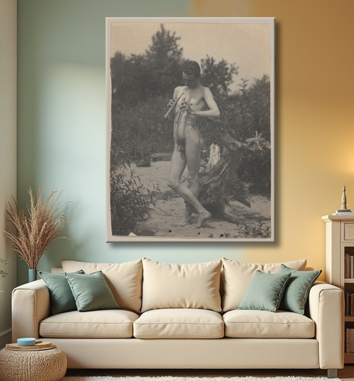 Reproduction [Debout nu masculin avec des tuyaux] de Thomas Eakins avec decor