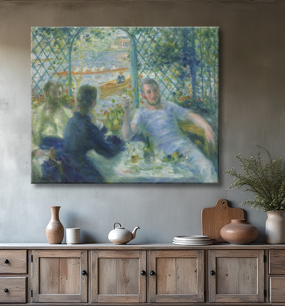 Reproduction Déjeuner au Restaurant Fournaise (Déjeuner des Rameurs) de Pierre-Auguste Renoir avec decor