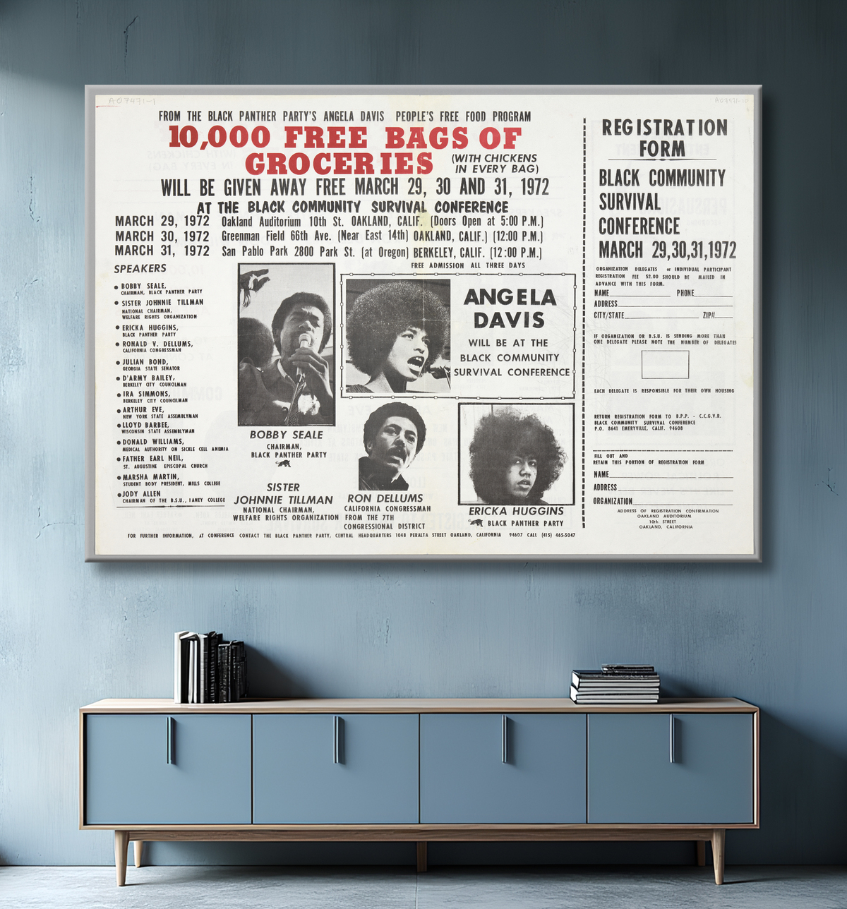 Reproduction Dépliant pour la conférence sur la survie de la communauté noire de Black Panther Party, American, 1966 - 1982 avec decor