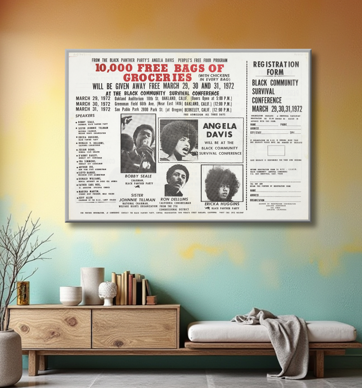 Reproduction Dépliant pour la conférence sur la survie de la communauté noire de Black Panther Party, American, 1966 - 1982 avec decor
