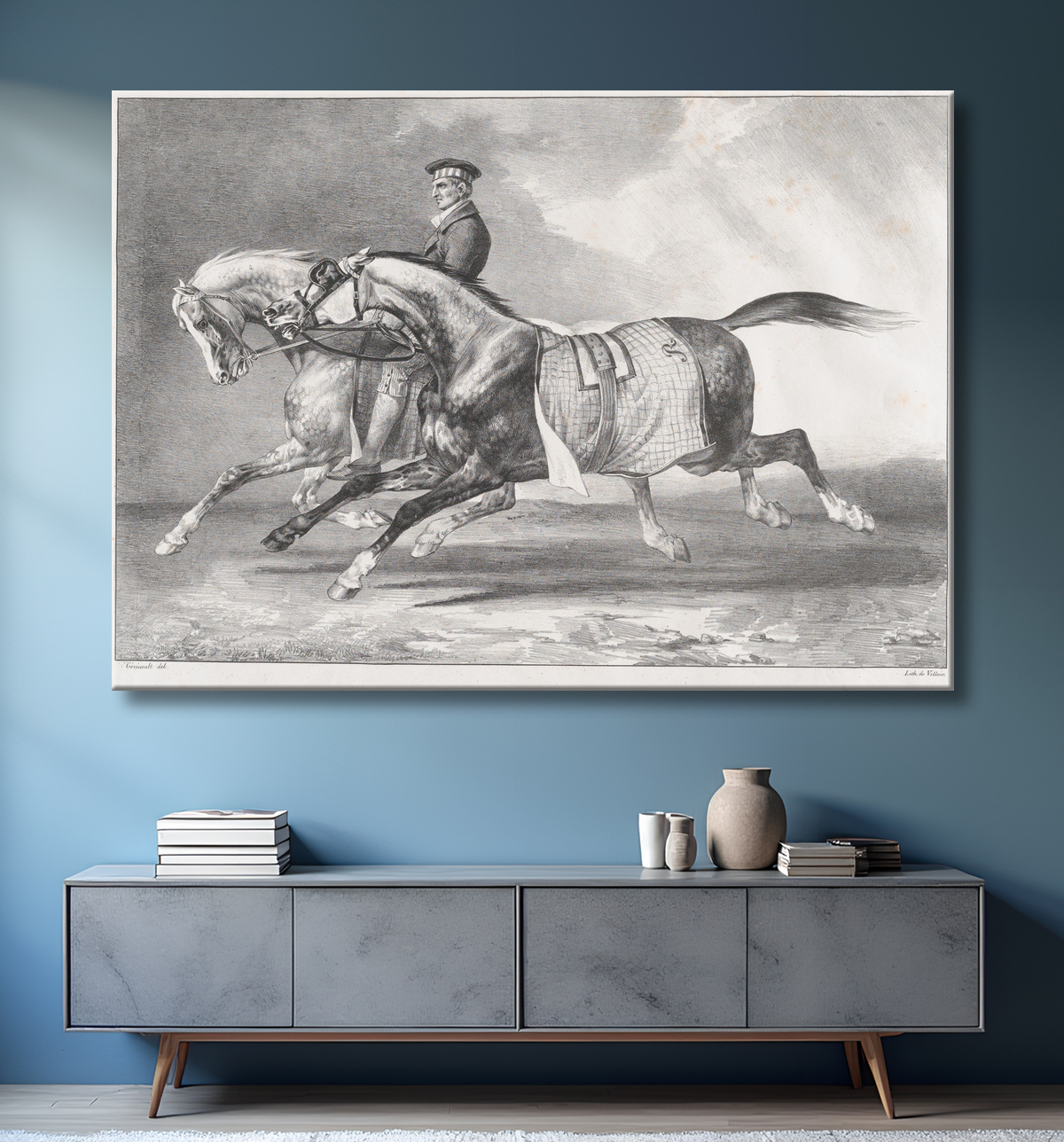 Reproduction Deux chevaux gris pommelé en cours d'exercice de Théodore Gericault avec decor