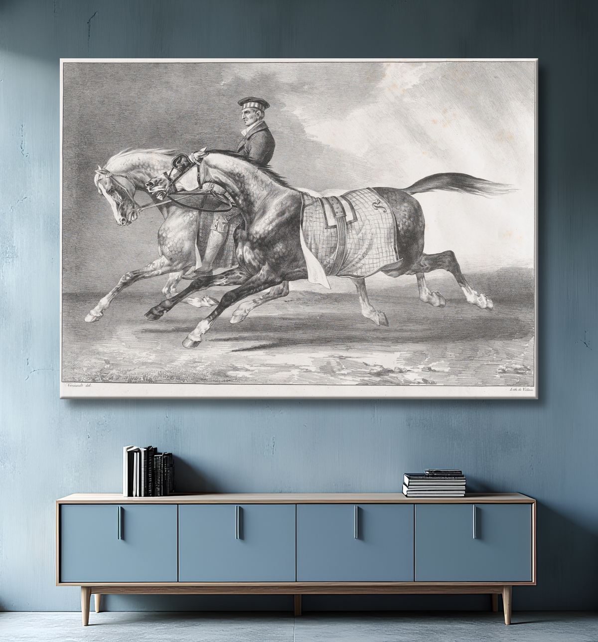 Reproduction Deux chevaux gris pommelé en cours d'exercice de Théodore Gericault avec decor