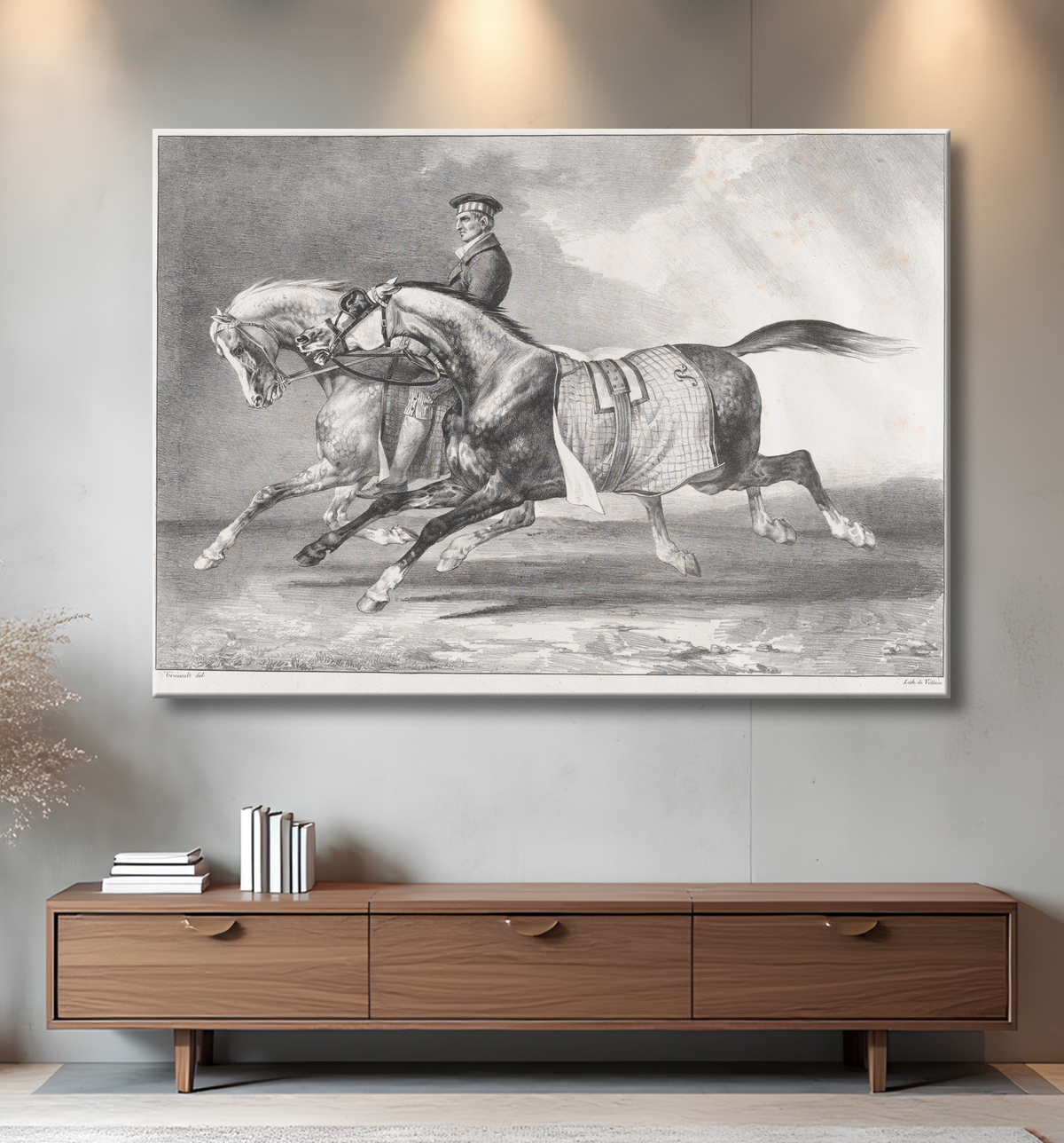 Reproduction Deux chevaux gris pommelé en cours d'exercice de Théodore Gericault avec decor