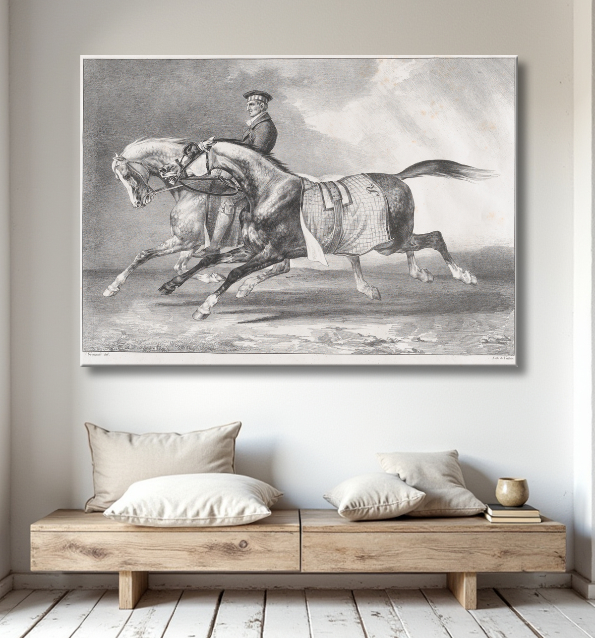 Reproduction Deux chevaux gris pommelé en cours d'exercice de Théodore Gericault avec decor