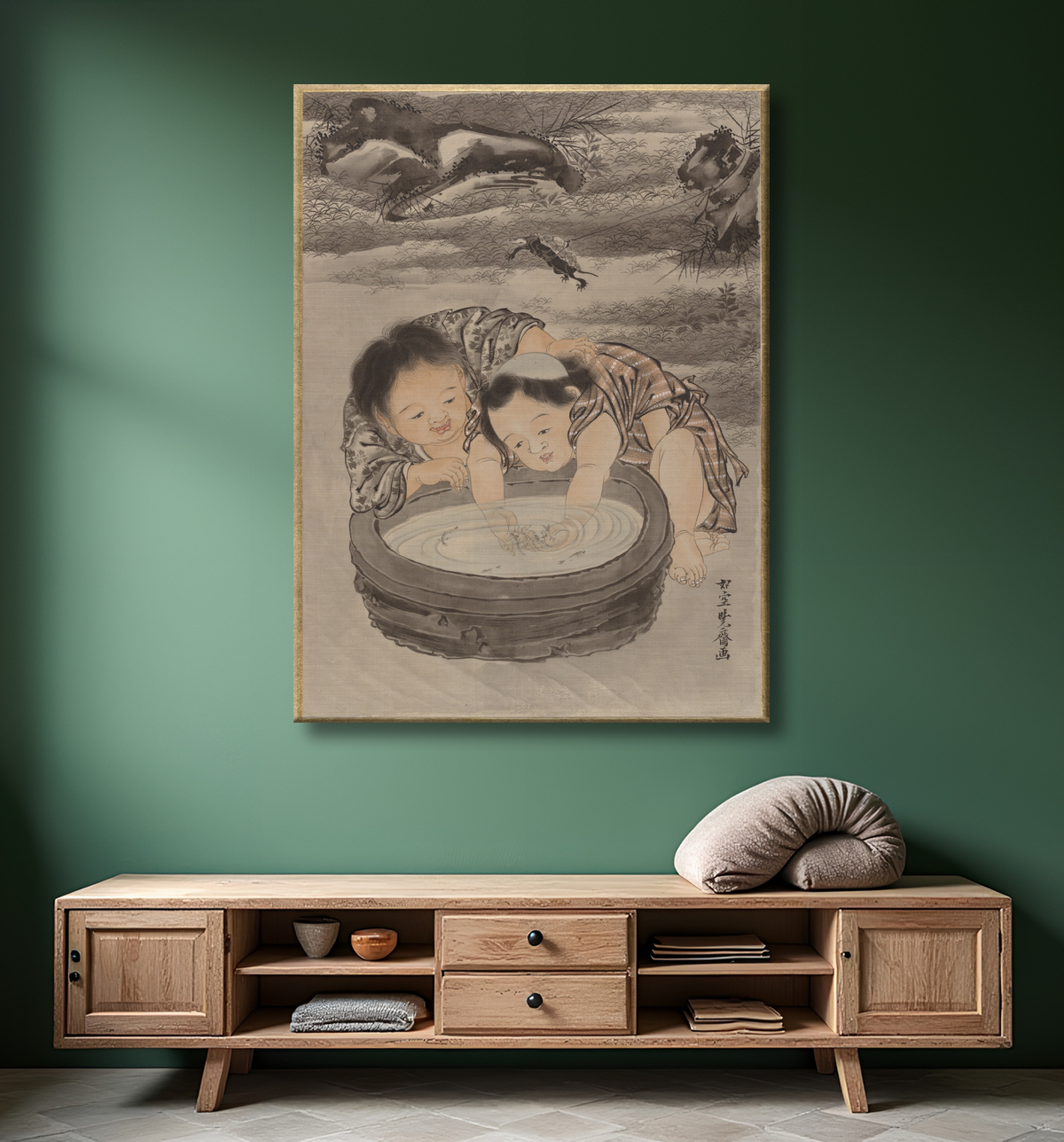 Reproduction Deux enfants jouant avec des poissons rouges de Kawanabe Kyōsai 河鍋暁斎 avec decor