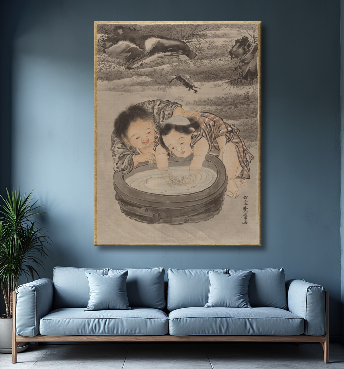 Reproduction Deux enfants jouant avec des poissons rouges de Kawanabe Kyōsai 河鍋暁斎 avec decor