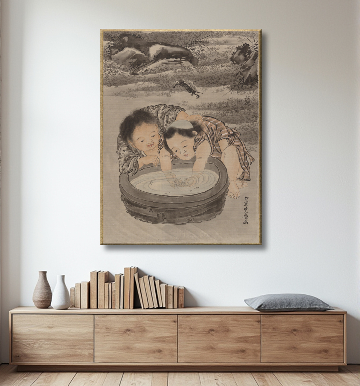 Reproduction Deux enfants jouant avec des poissons rouges de Kawanabe Kyōsai 河鍋暁斎 avec decor